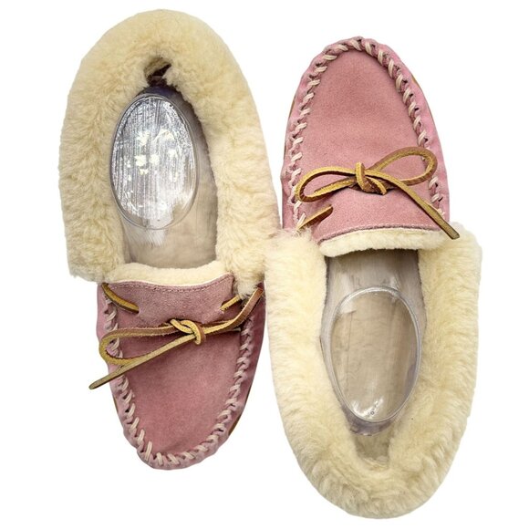 LL Bean Womens Moccasins Slippers Size 9M Pink Suede Shearling Lined - Picture 1 of 12